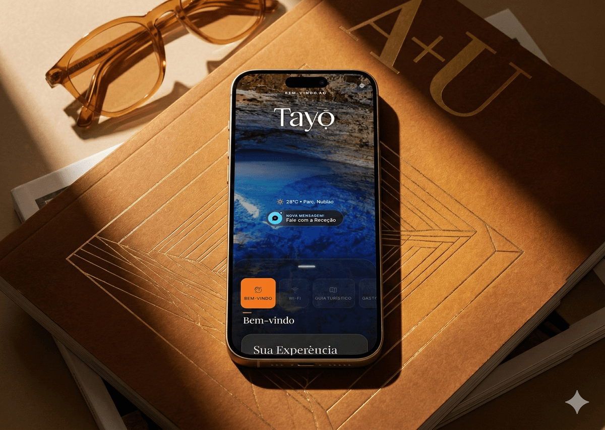 Interface do Tayo Concierge Digital exibindo cardápio e serviços do hotel no celular